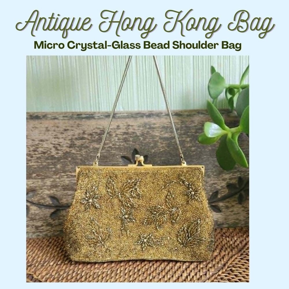 Antique Handbag, Crystal Microbead Gold Floral with Clasp, 1920s Purse Clutch